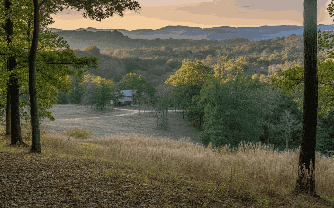 Golden-hour foothills overlook in the Oconee County farm country below the mountains